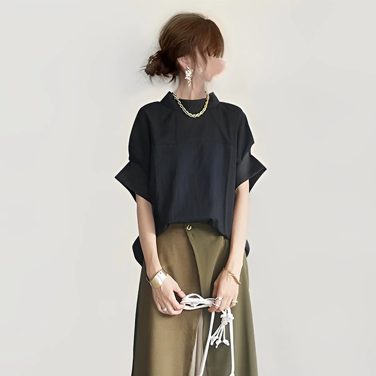 圓領 連肩 拼接 短袖 上衣+拼接 寬褲 兩件套