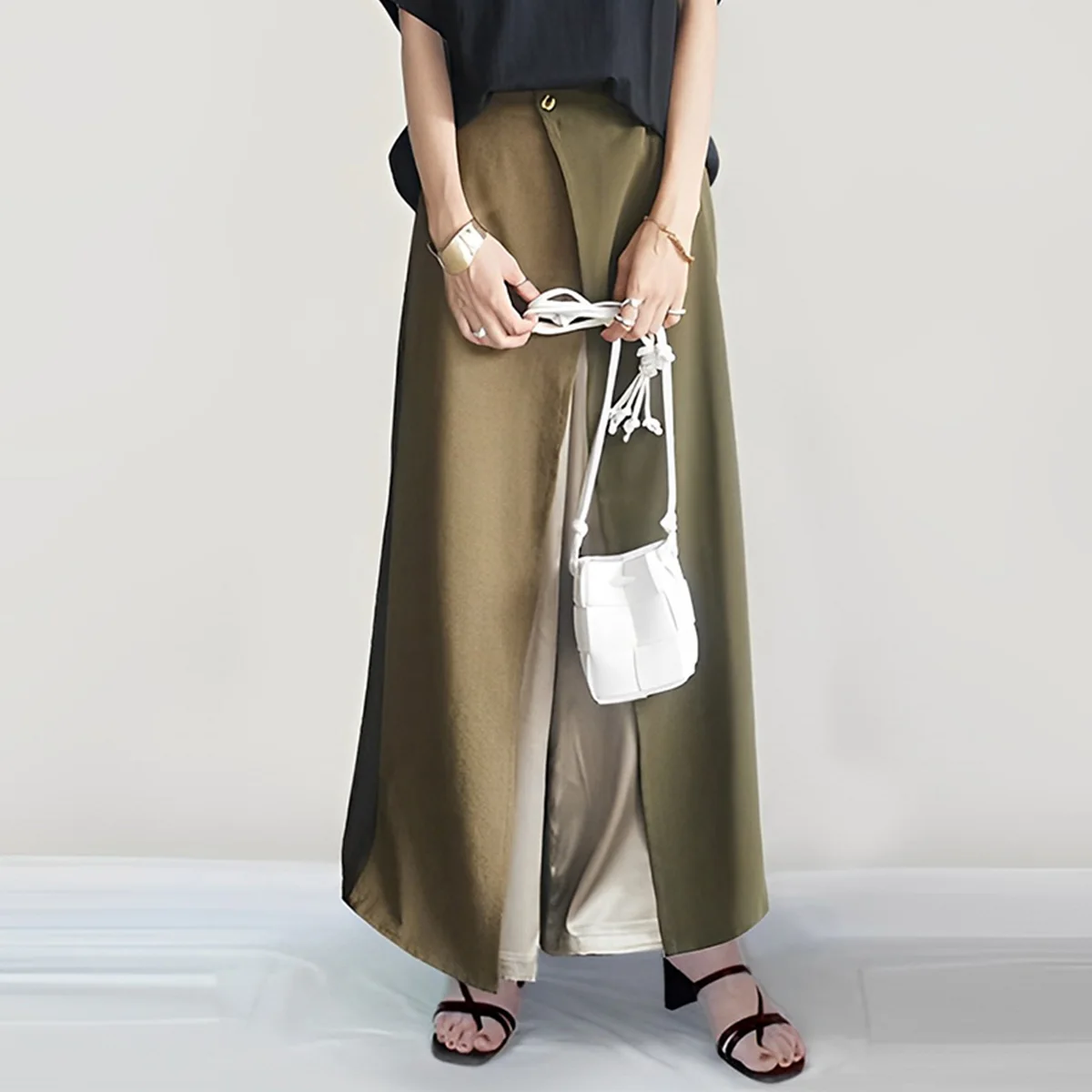 圓領 連肩 拼接 短袖 上衣+拼接 寬褲 兩件套