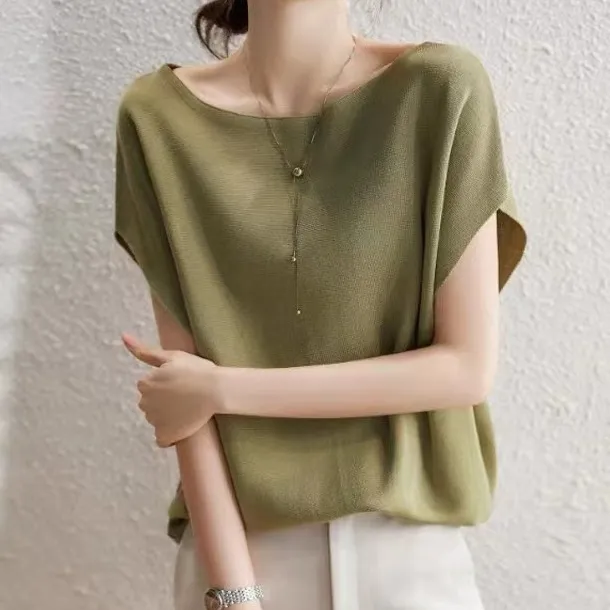 法式 圓領 素面 寬鬆 薄款 針織 T恤