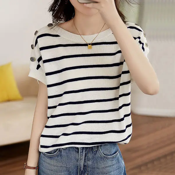 法式氣質 條紋 排扣 寬鬆 短袖 百搭 針織 T恤