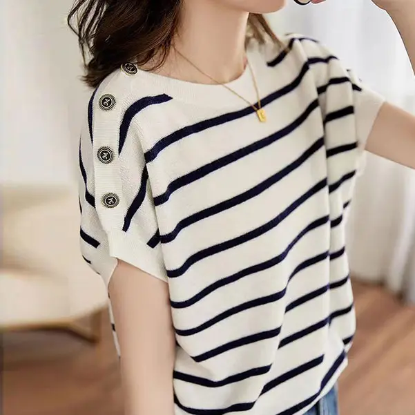 法式氣質 條紋 排扣 寬鬆 短袖 百搭 針織 T恤