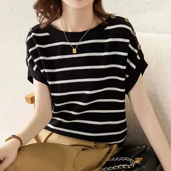 法式氣質 條紋 排扣 寬鬆 短袖 百搭 針織 T恤