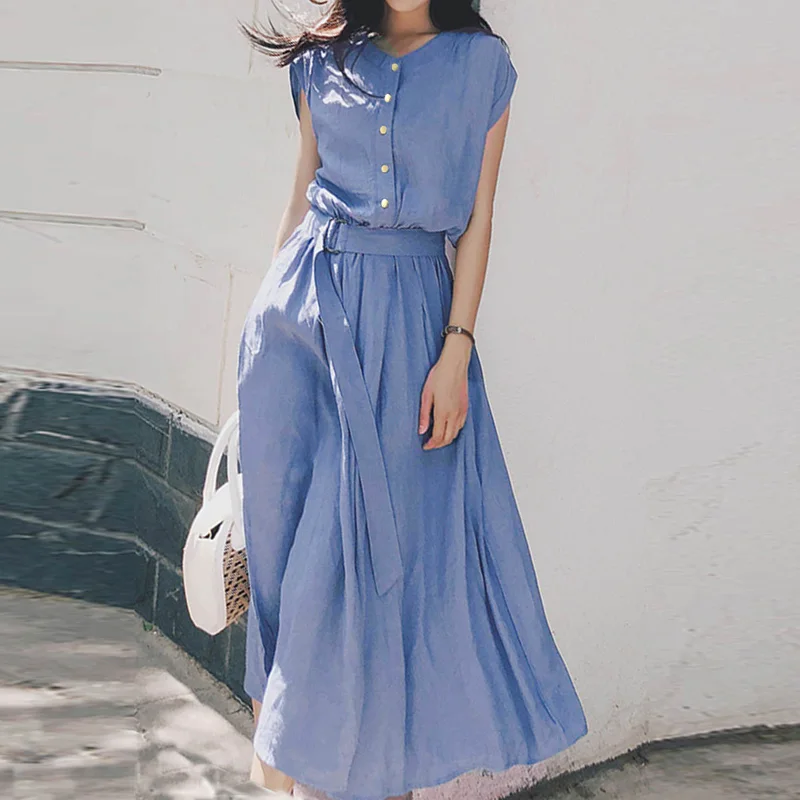 韓系優雅 OL穿搭 素面 短袖 高腰 Ａ字裙 壓褶 休閒長洋裝