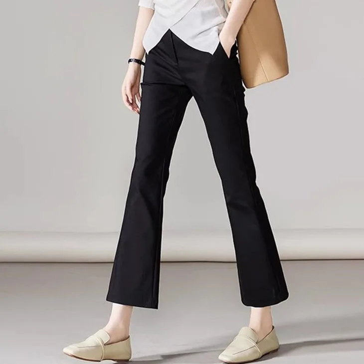 百搭時髦高腰顯瘦 彈力微喇 顯瘦 親膚 通勤 黑色 九分 休閒喇叭褲