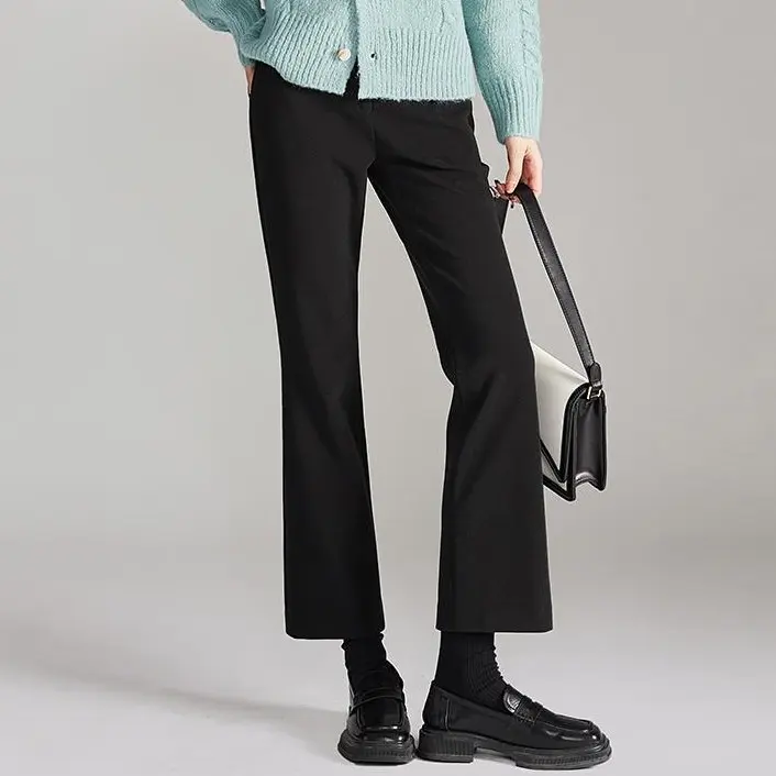 百搭時髦高腰顯瘦 彈力微喇 顯瘦 親膚 通勤 黑色 九分 休閒喇叭褲