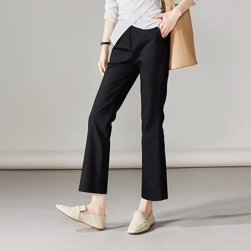 百搭時髦高腰顯瘦 彈力微喇 顯瘦 親膚 通勤 黑色 九分 休閒喇叭褲