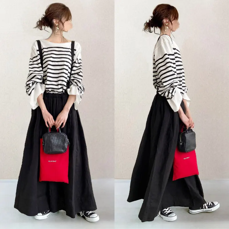 春夏漫遊必備 甜美可愛 條紋 寬鬆舒適長袖T賉上衣 高腰吊帶半身裙 春季新款 鬆緊腰 寬鬆 減齡 顯瘦吊帶裙 套裝