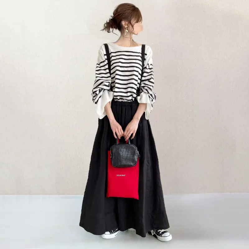 春夏漫遊必備 甜美可愛 條紋 寬鬆舒適長袖T賉上衣 高腰吊帶半身裙 春季新款 鬆緊腰 寬鬆 減齡 顯瘦吊帶裙 套裝