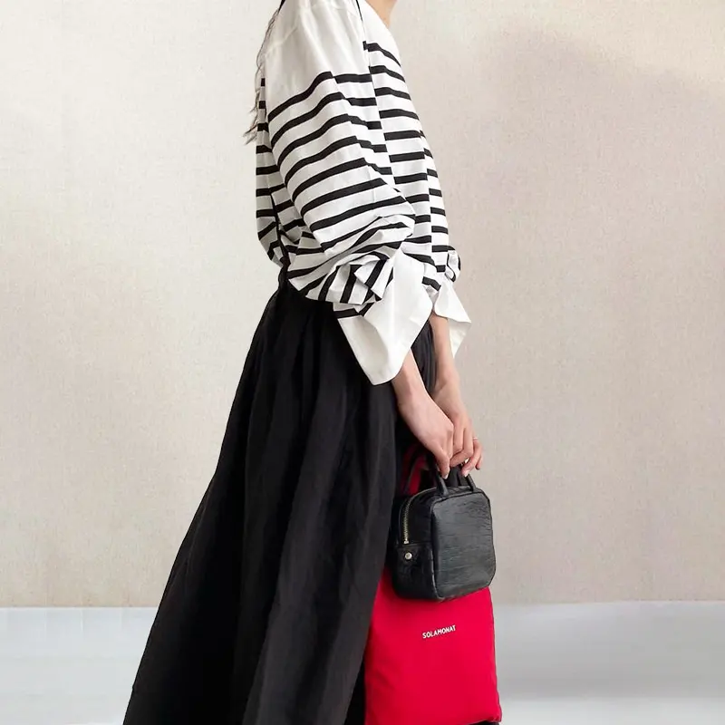 春夏漫遊必備 甜美可愛 條紋 寬鬆舒適長袖T賉上衣 高腰吊帶半身裙 春季新款 鬆緊腰 寬鬆 減齡 顯瘦吊帶裙 套裝