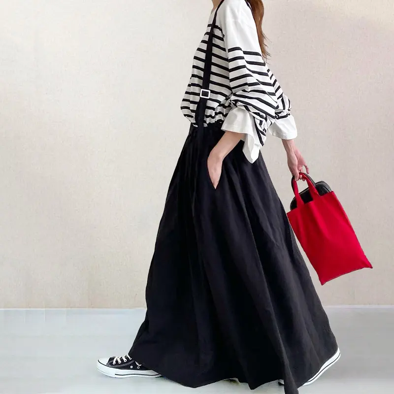 春夏漫遊必備 甜美可愛 條紋 寬鬆舒適長袖T賉上衣 高腰吊帶半身裙 春季新款 鬆緊腰 寬鬆 減齡 顯瘦吊帶裙 套裝