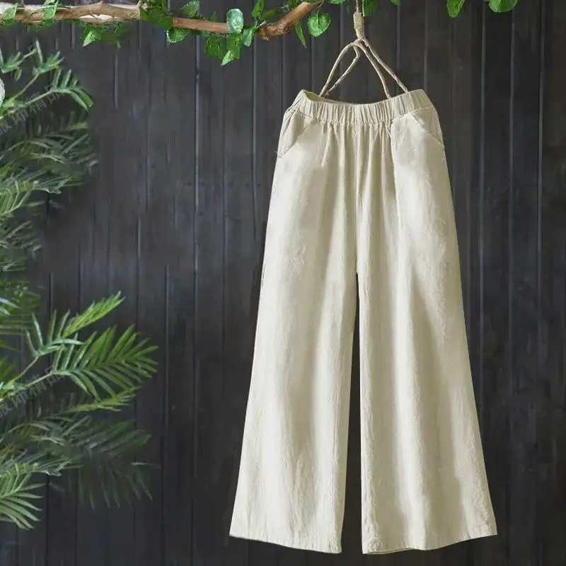 棉麻寬褲 夏季透氣舒適 薄寬腿褲 媽媽寬鬆大碼休閒褲