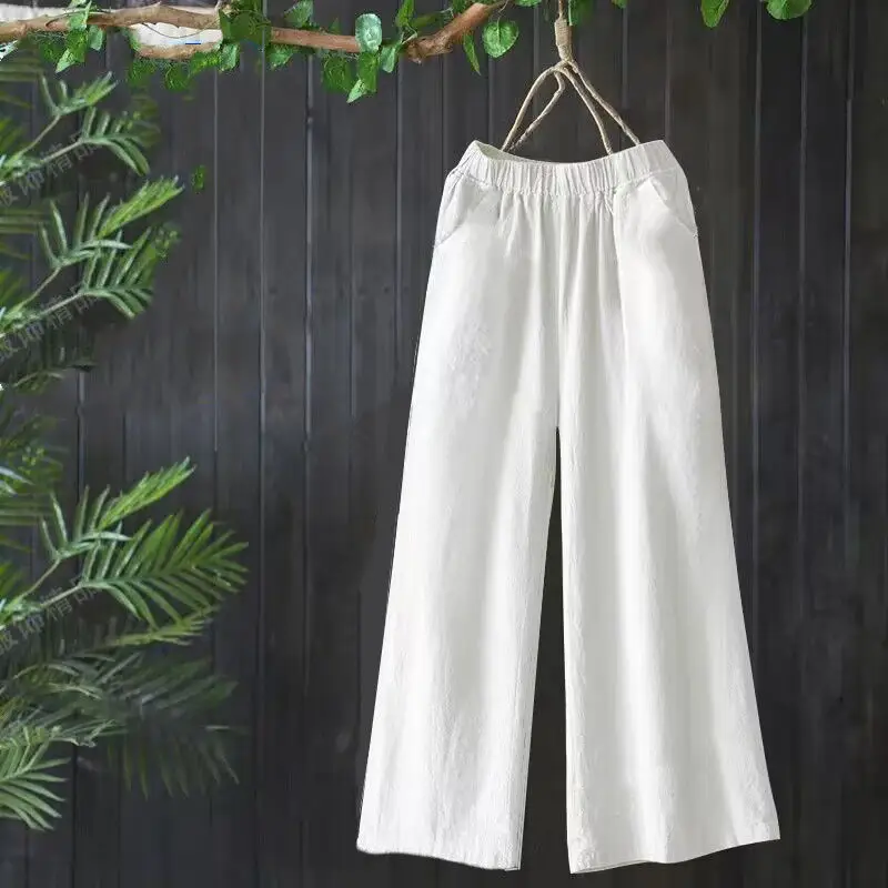 棉麻寬褲 夏季透氣舒適 薄寬腿褲 媽媽寬鬆大碼休閒褲