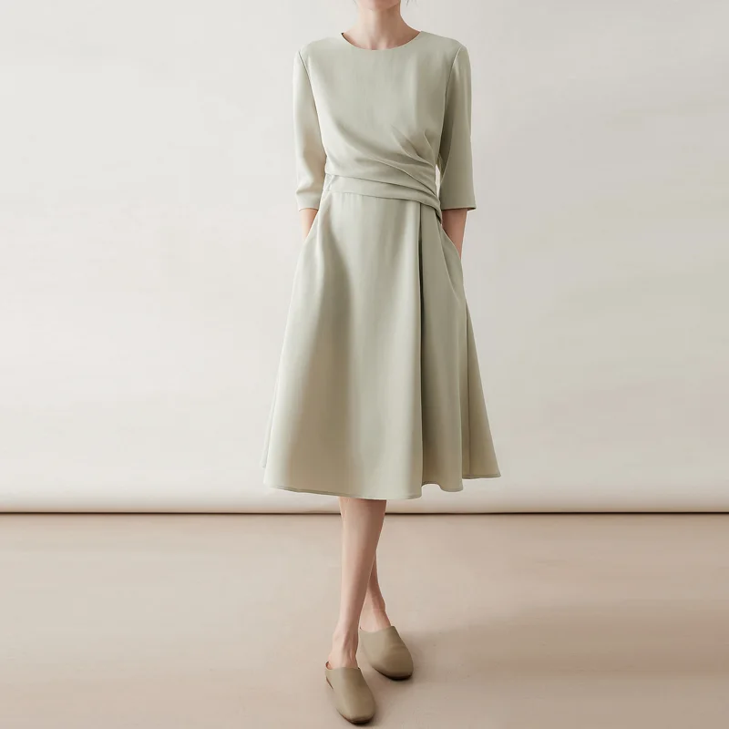 法式 船領 腰間捏褶 氣質 五分袖 約會洋裝
