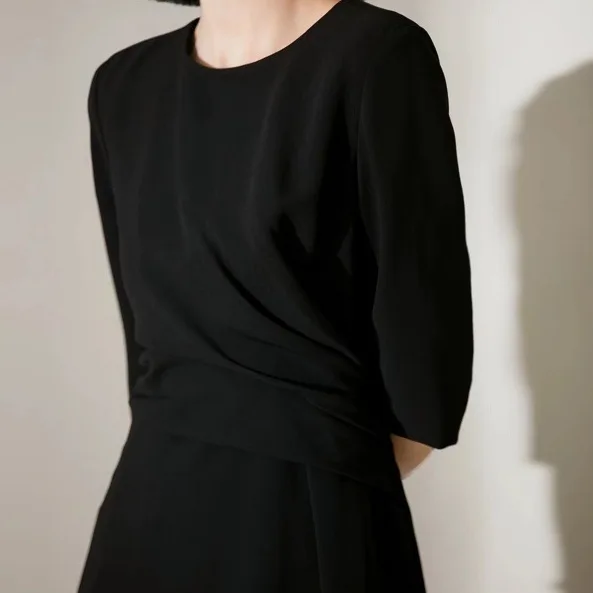 法式 船領 腰間捏褶 氣質 五分袖 約會洋裝