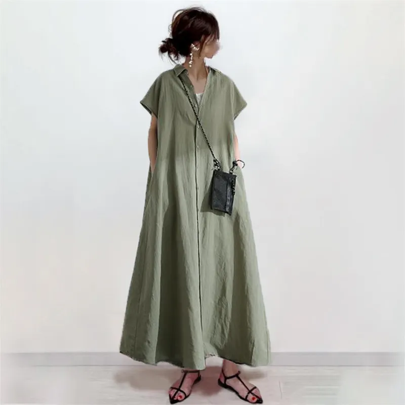 慵懶風 日系 樂天熱銷 翻領 遮肉款 大裙擺 休閒長洋裝