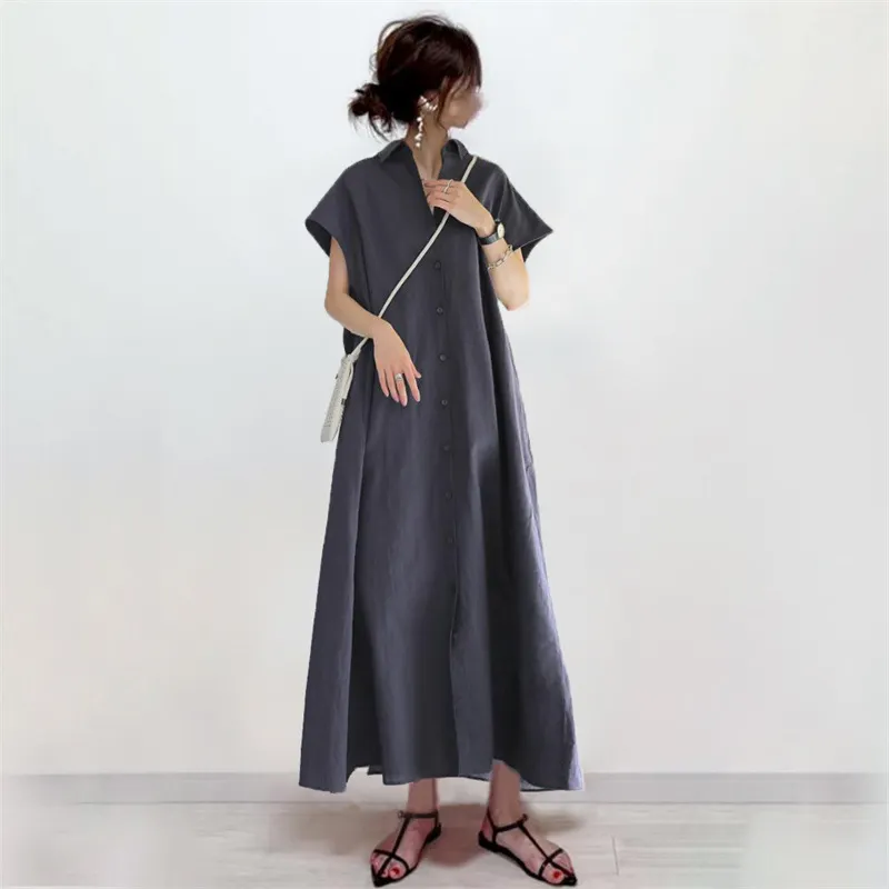 慵懶風 日系 樂天熱銷 翻領 遮肉款 大裙擺 休閒長洋裝