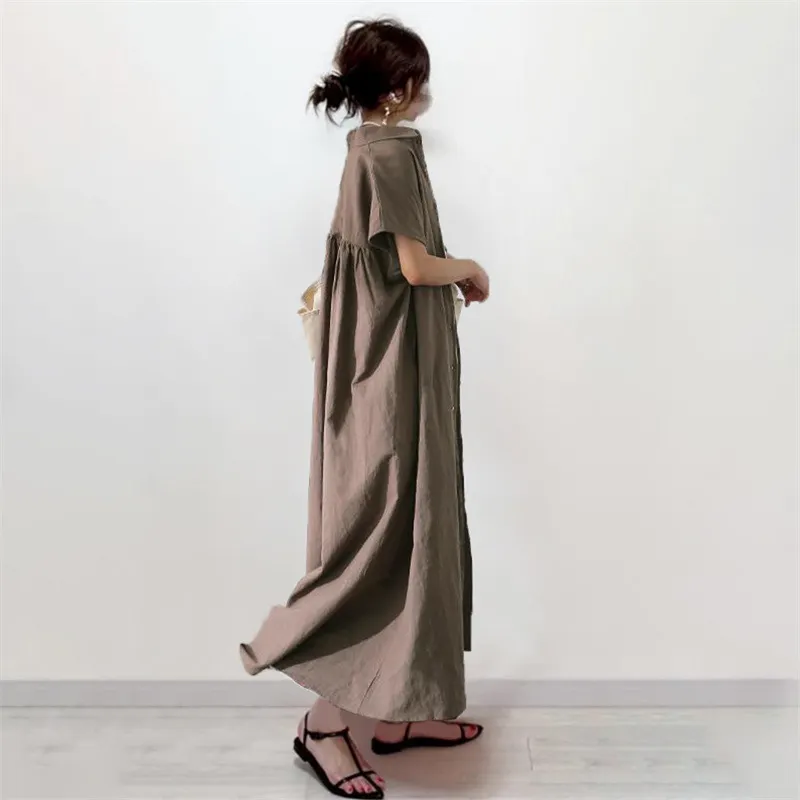 慵懶風 日系 樂天熱銷 翻領 遮肉款 大裙擺 休閒長洋裝