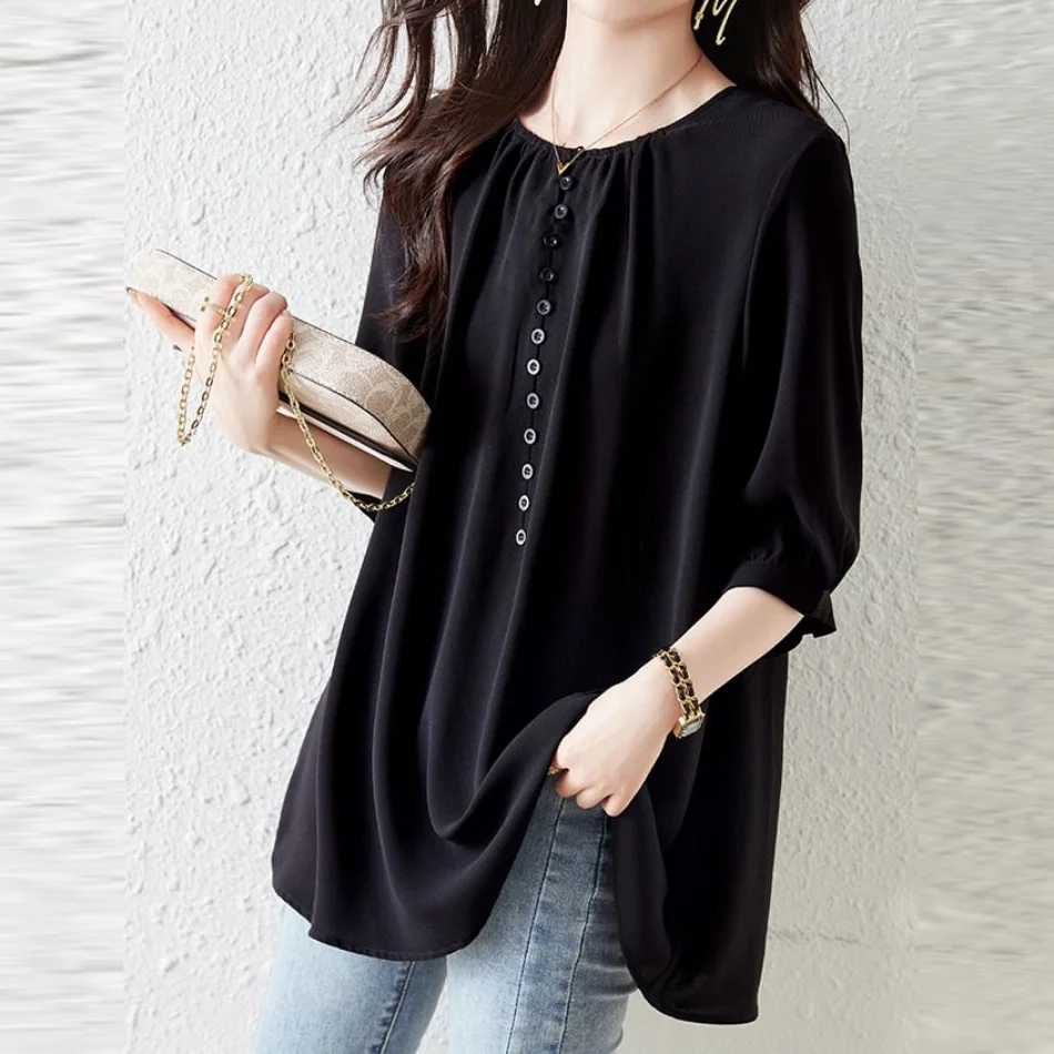 韓版圓領雪紡中長款七分袖 上衣寬鬆休閒減齡T