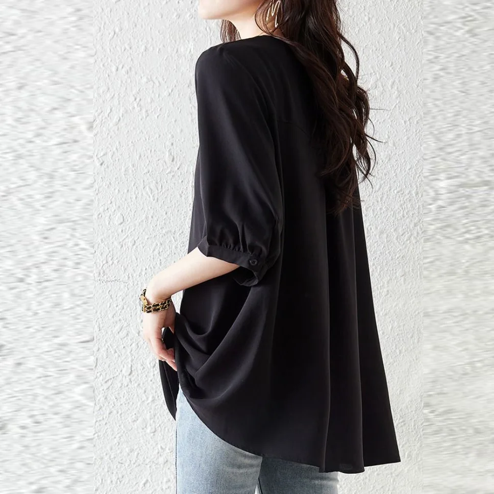 韓版圓領雪紡中長款七分袖 上衣寬鬆休閒減齡T