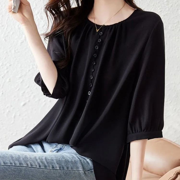 韓版圓領雪紡中長款七分袖 上衣寬鬆休閒減齡T