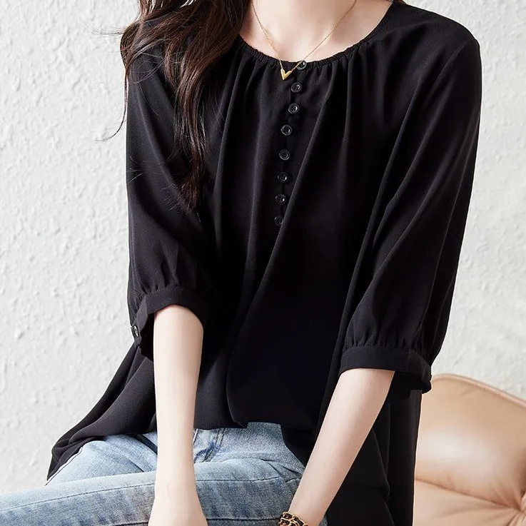 韓版圓領雪紡中長款七分袖 上衣寬鬆休閒減齡T