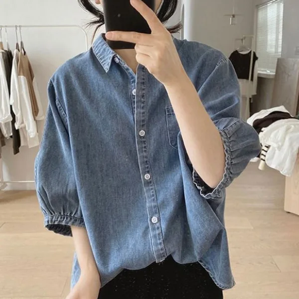 復古 小眾 設計感 寬鬆 顯瘦 簡約 燈籠袖 五分袖 牛仔襯衫