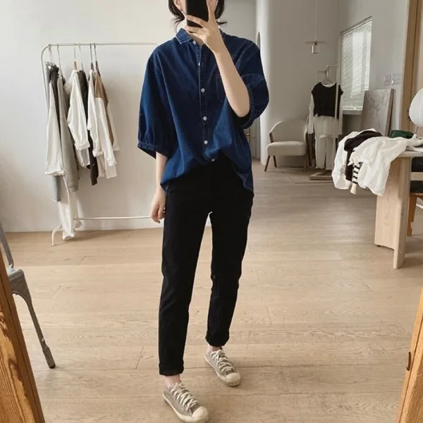 復古 小眾 設計感 寬鬆 顯瘦 簡約 燈籠袖 五分袖 牛仔襯衫