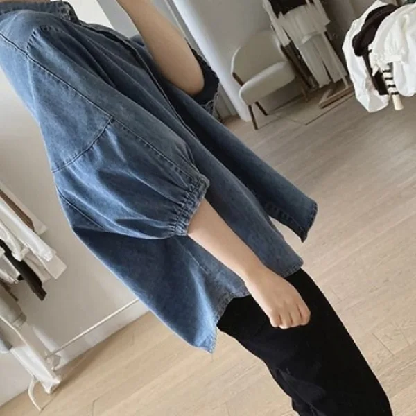 復古 小眾 設計感 寬鬆 顯瘦 簡約 燈籠袖 五分袖 牛仔襯衫