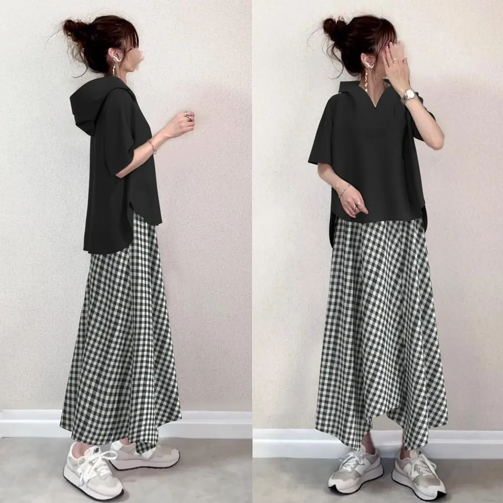 簡約通勤 百搭 休閑 連帽5分袖衛衣上衣 松緊腰半身裙 兩件套