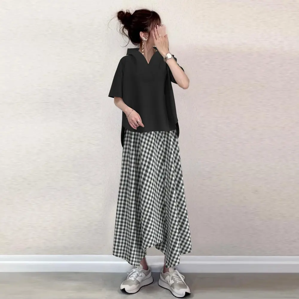 簡約通勤 百搭 休閑 連帽5分袖衛衣上衣 松緊腰半身裙 兩件套