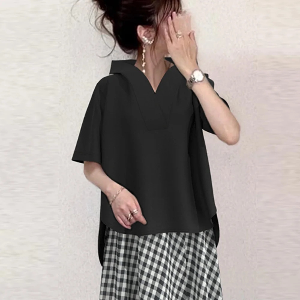 簡約通勤 百搭 休閑 連帽5分袖衛衣上衣 松緊腰半身裙 兩件套