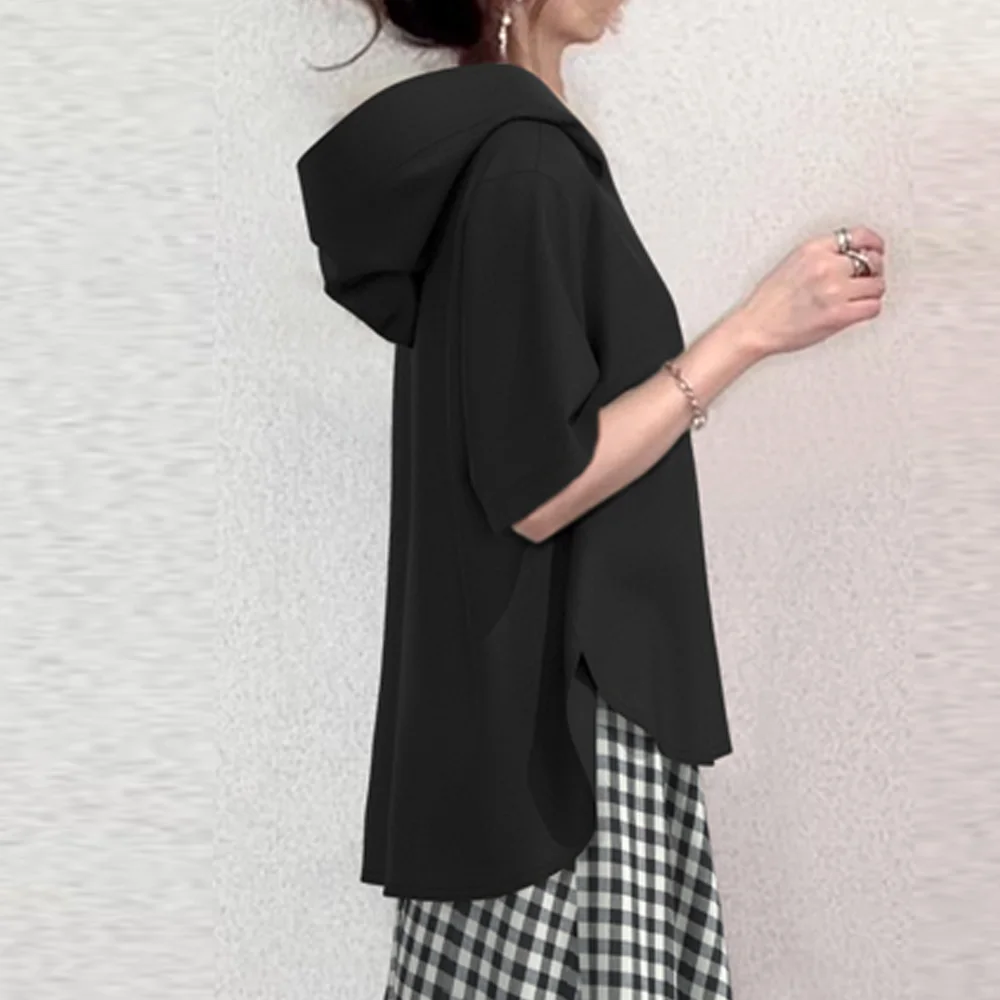 簡約通勤 百搭 休閑 連帽5分袖衛衣上衣 松緊腰半身裙 兩件套