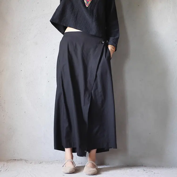 文藝 寬鬆 黑色 大擺褲 鬆緊腰 不規則 假兩件 休閒褲