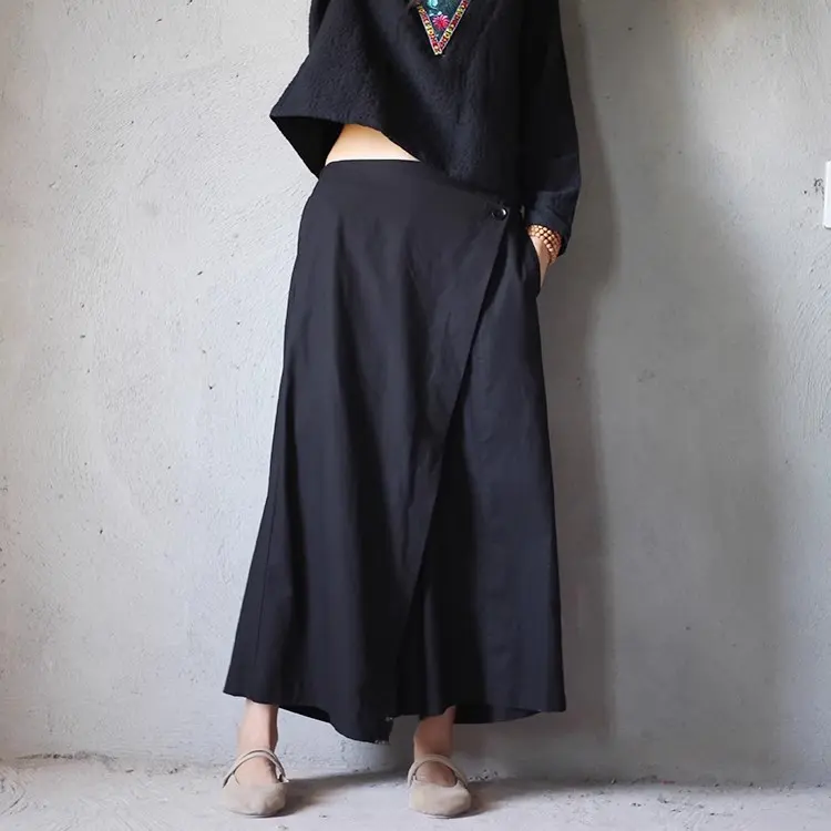 文藝 寬鬆 黑色 大擺褲 鬆緊腰 不規則 假兩件 休閒褲