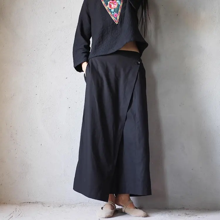 文藝 寬鬆 黑色 大擺褲 鬆緊腰 不規則 假兩件 休閒褲