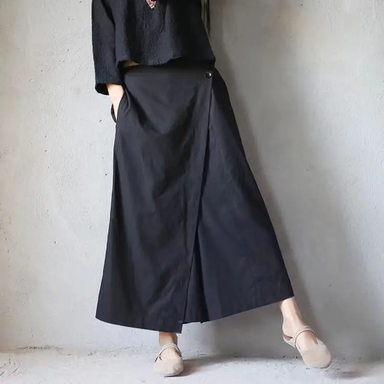 文藝 寬鬆 黑色 大擺褲 鬆緊腰 不規則 假兩件 休閒褲