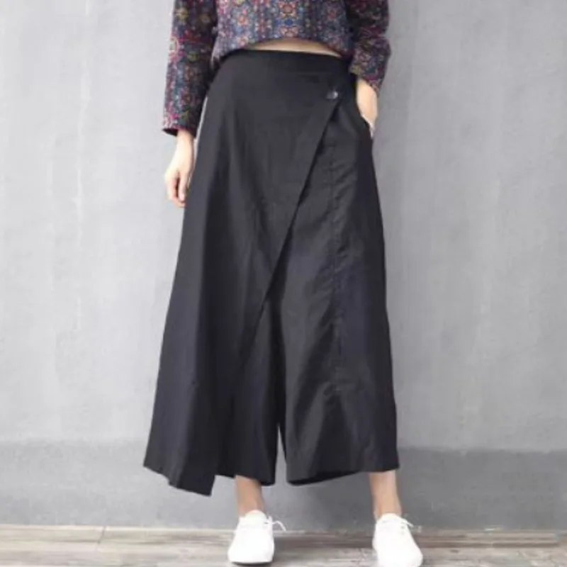 文藝 寬鬆 黑色 大擺褲 鬆緊腰 不規則 假兩件 休閒褲
