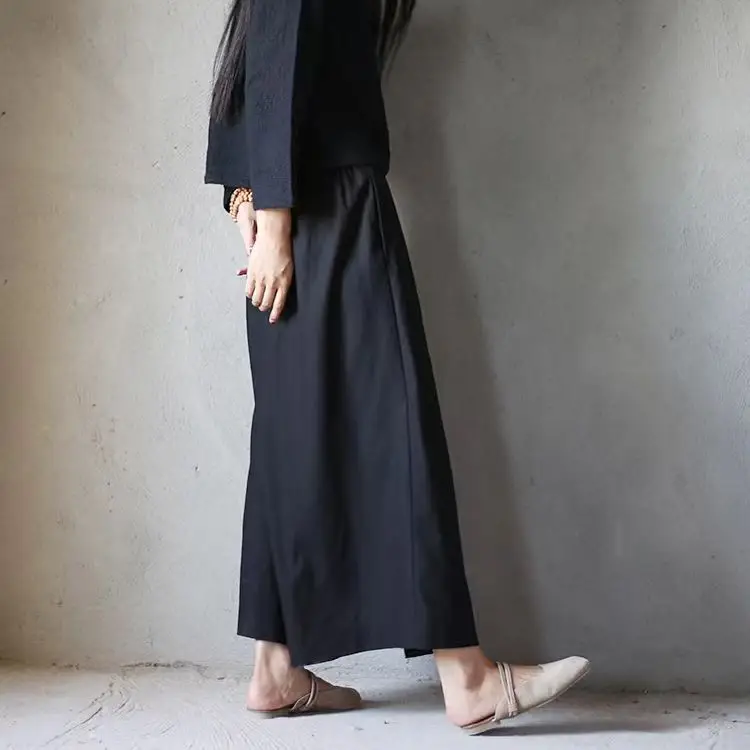 文藝 寬鬆 黑色 大擺褲 鬆緊腰 不規則 假兩件 休閒褲