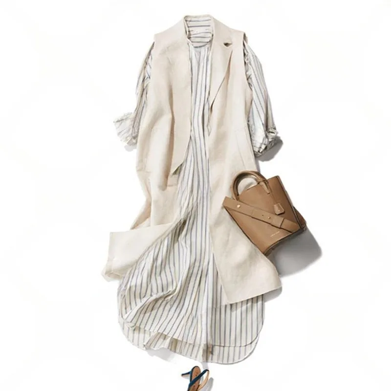 日係商務風 中長 馬甲 +洋裝 條紋 襯衫 洋裝 套裝