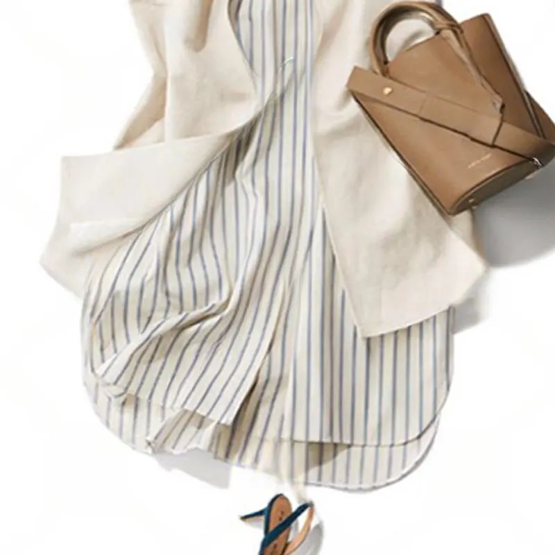 日係商務風 中長 馬甲 +洋裝 條紋 襯衫 洋裝 套裝