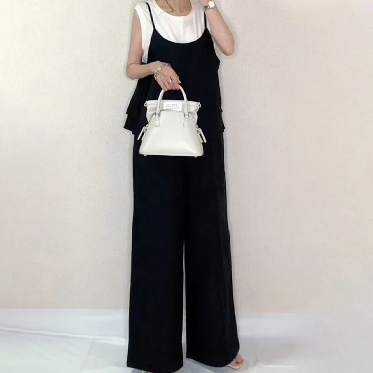 日系 時尚 时髦率性 視覺顯瘦 拼接 壓褶 休閒 吊帶褲