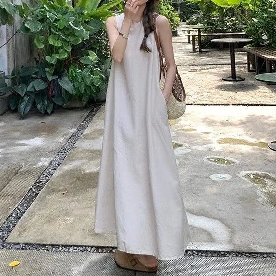 園遊會韓版氣質無袖踏青洋裝  寬鬆後背鏤空設計感圓領長款背心裙