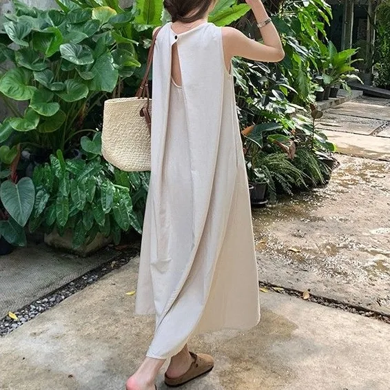 園遊會韓版氣質無袖踏青洋裝  寬鬆後背鏤空設計感圓領長款背心裙
