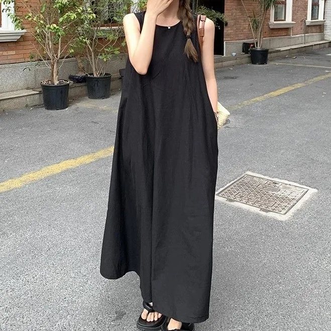 園遊會韓版氣質無袖踏青洋裝  寬鬆後背鏤空設計感圓領長款背心裙
