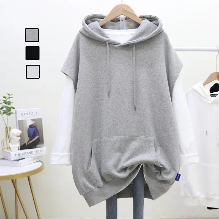 自訂 純色簡約中長款無袖外套ins連帽馬甲大學T