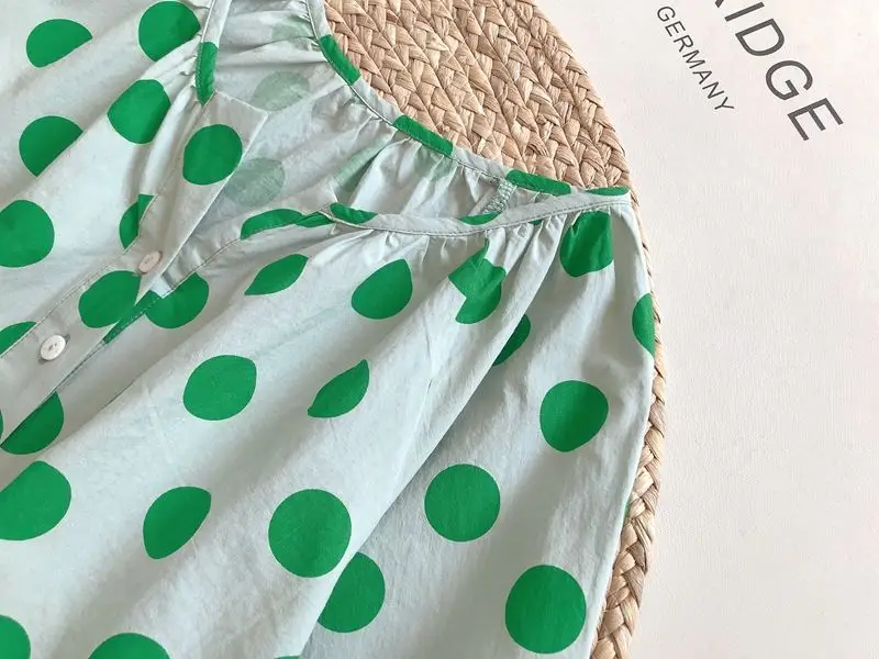 娃娃衫 通勤 韓版 寬鬆 v領 燈籠袖 清新 圓點 襯衫