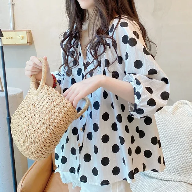 娃娃衫 通勤 韓版 寬鬆 v領 燈籠袖 清新 圓點 襯衫