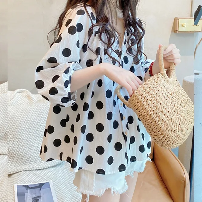 娃娃衫 通勤 韓版 寬鬆 v領 燈籠袖 清新 圓點 襯衫