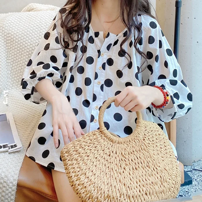 娃娃衫 通勤 韓版 寬鬆 v領 燈籠袖 清新 圓點 襯衫