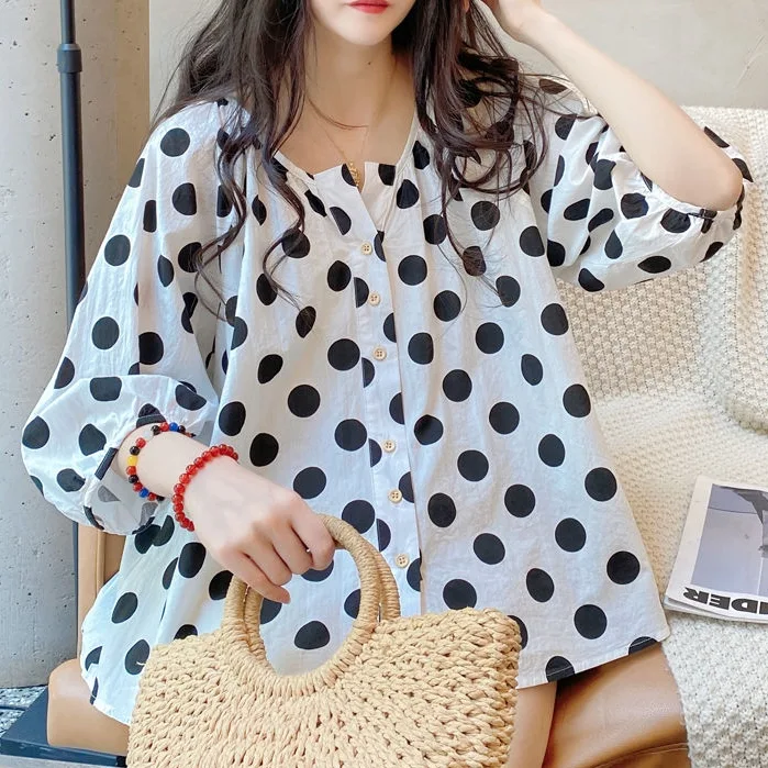 娃娃衫 通勤 韓版 寬鬆 v領 燈籠袖 清新 圓點 襯衫